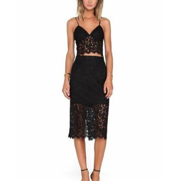 Bardot Black Lace Spaghetti Strap Crop Top Lace Pencil Skirt Matching Set - Picture 1 of 15